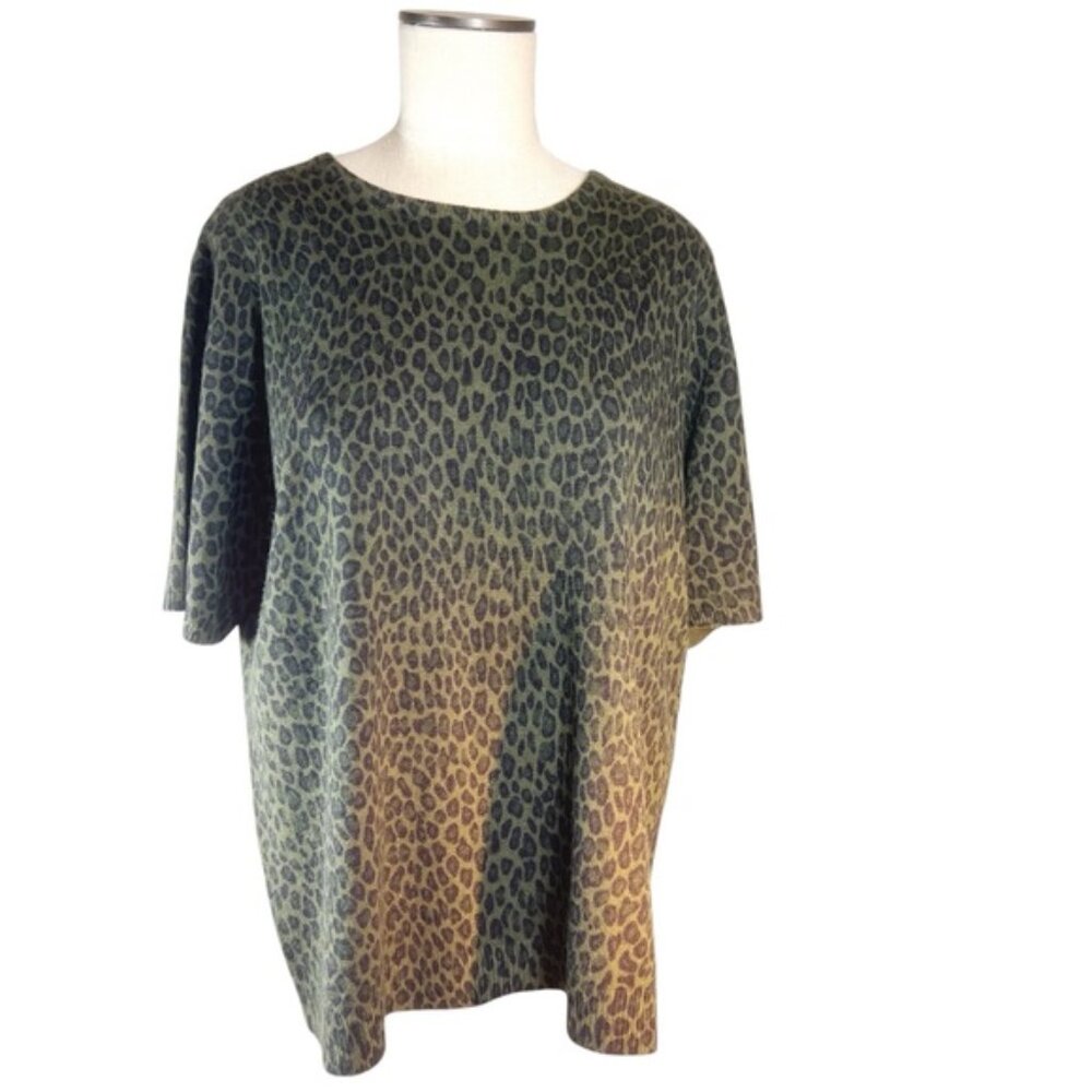 Sag Harbor Leopard Print Short Sleeve Sweater Size XL Olive Green Mob Wi…